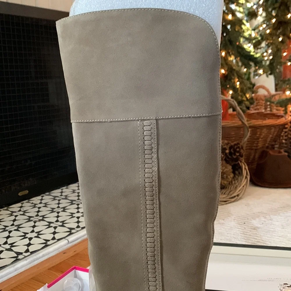 Suede Over-the-Knee Block Heel Boots - Beige